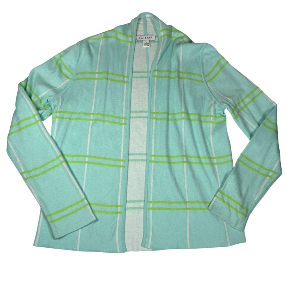 Belford Women Aqua Blue Lime Green Striped Pima Cotton Open Front Cardigan S